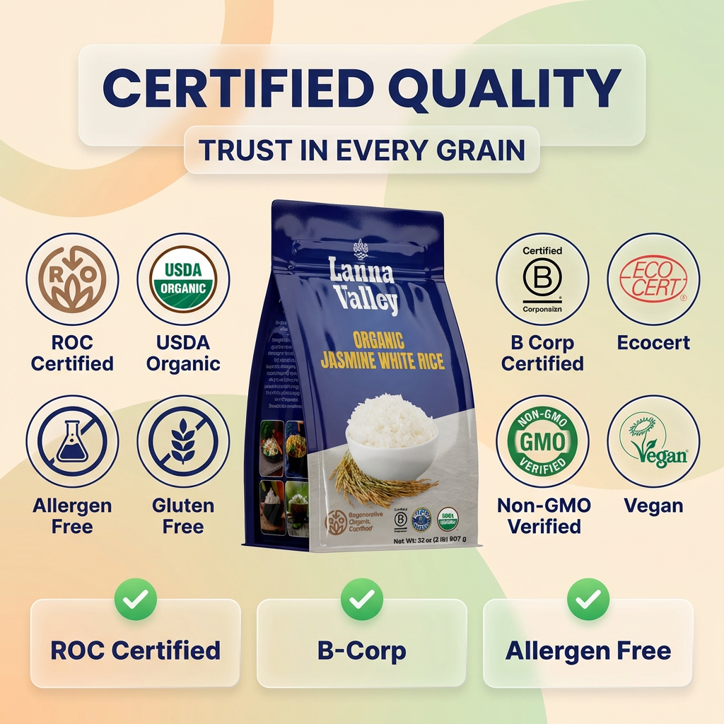 Lanna Valley Regenerative Organic Jasmine White Rice – Authentic Thai Hom Mali Rice – USDA Organic, ROC,B-Corp, Ecocert Certified – Grown in Northern Thailand – Allergen-Free Facility – 32 oz (2 lb)