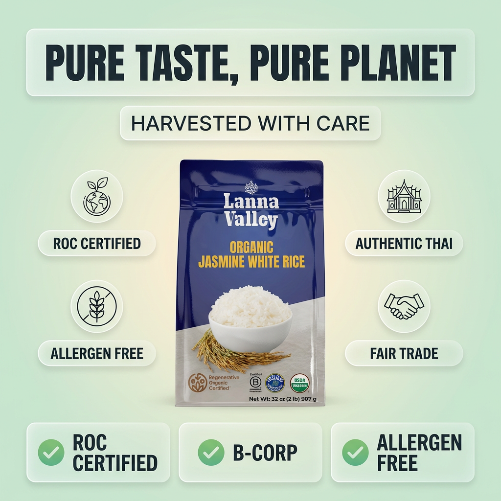 Lanna Valley Regenerative Organic Jasmine White Rice – Authentic Thai Hom Mali Rice – USDA Organic, ROC,B-Corp, Ecocert Certified – Grown in Northern Thailand – Allergen-Free Facility – 32 oz (2 lb)
