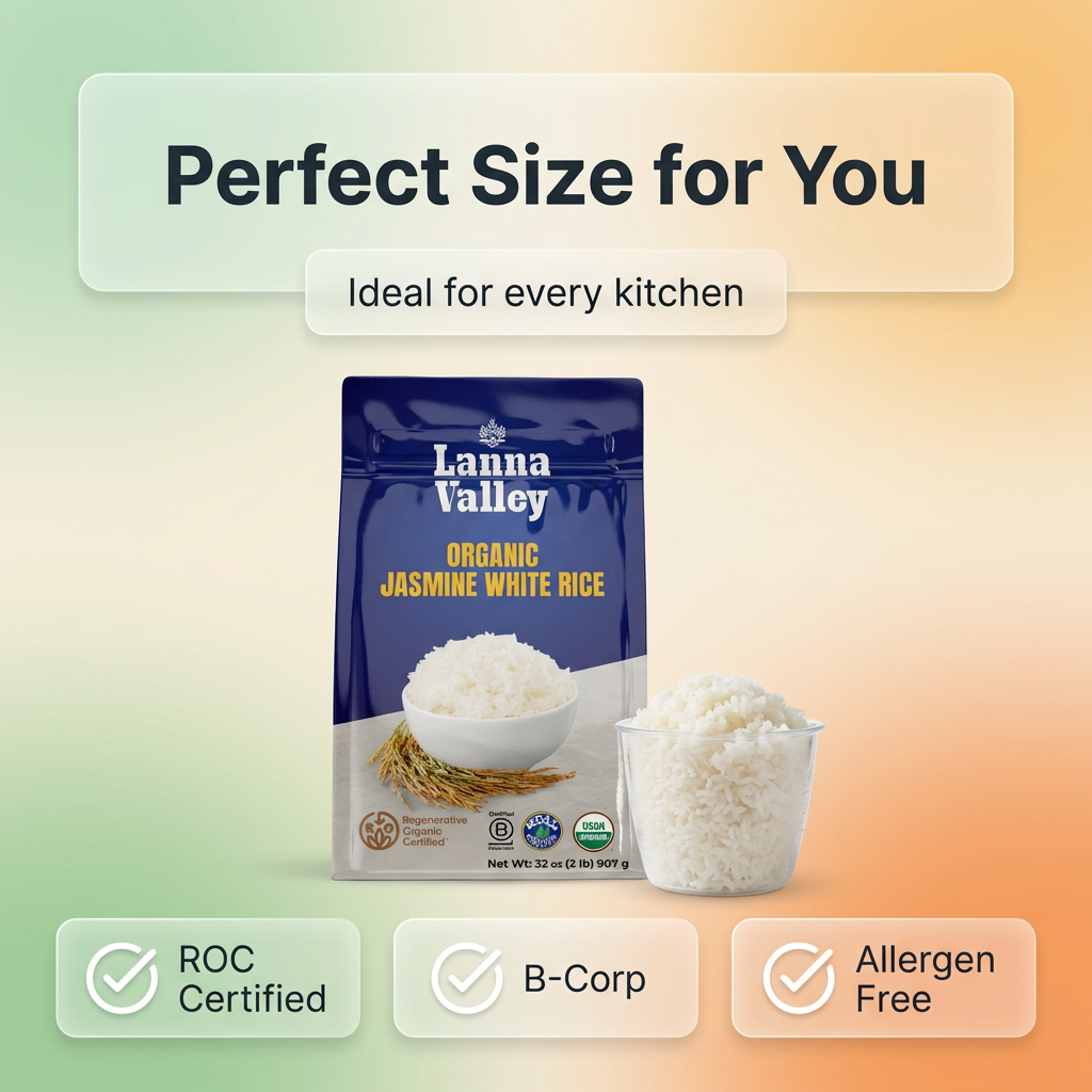 Lanna Valley Regenerative Organic Jasmine White Rice – Authentic Thai Hom Mali Rice – USDA Organic, ROC,B-Corp, Ecocert Certified – Grown in Northern Thailand – Allergen-Free Facility – 32 oz (2 lb)