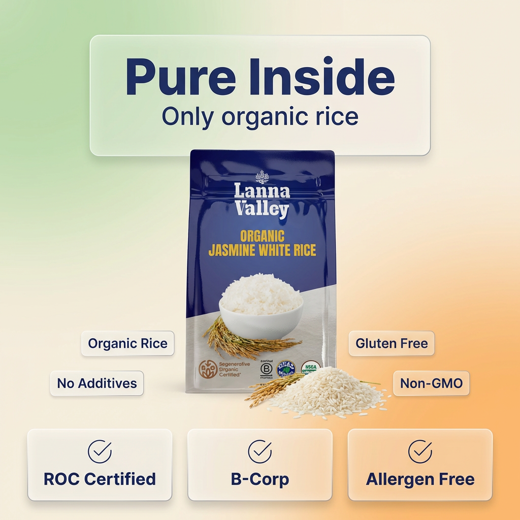 Lanna Valley Regenerative Organic Jasmine White Rice – Authentic Thai Hom Mali Rice – USDA Organic, ROC,B-Corp, Ecocert Certified – Grown in Northern Thailand – Allergen-Free Facility – 32 oz (2 lb)