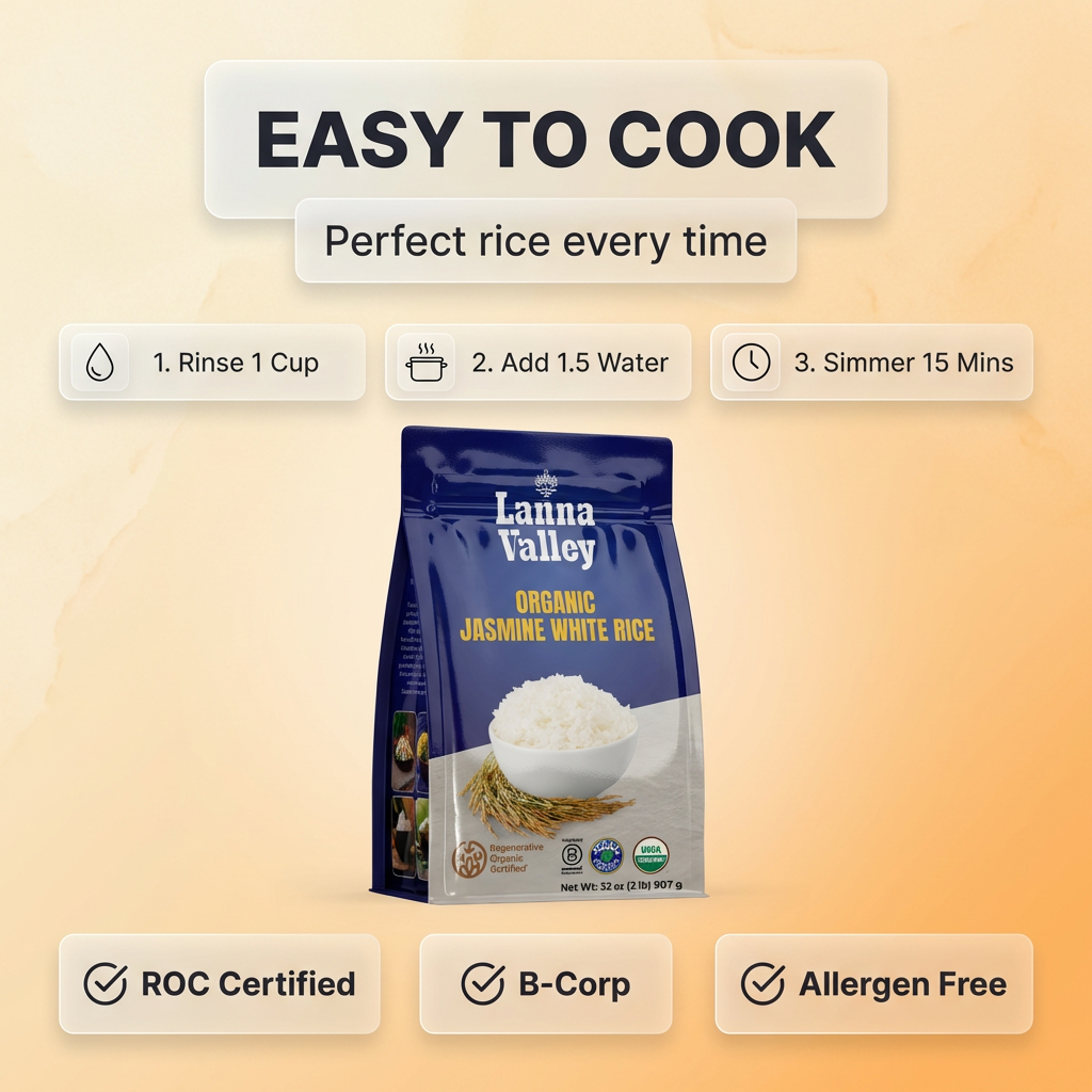 Lanna Valley Regenerative Organic Jasmine White Rice – Authentic Thai Hom Mali Rice – USDA Organic, ROC,B-Corp, Ecocert Certified – Grown in Northern Thailand – Allergen-Free Facility – 32 oz (2 lb)