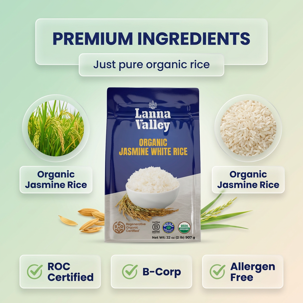 Lanna Valley Regenerative Organic Jasmine White Rice – Authentic Thai Hom Mali Rice – USDA Organic, ROC,B-Corp, Ecocert Certified – Grown in Northern Thailand – Allergen-Free Facility – 32 oz (2 lb)