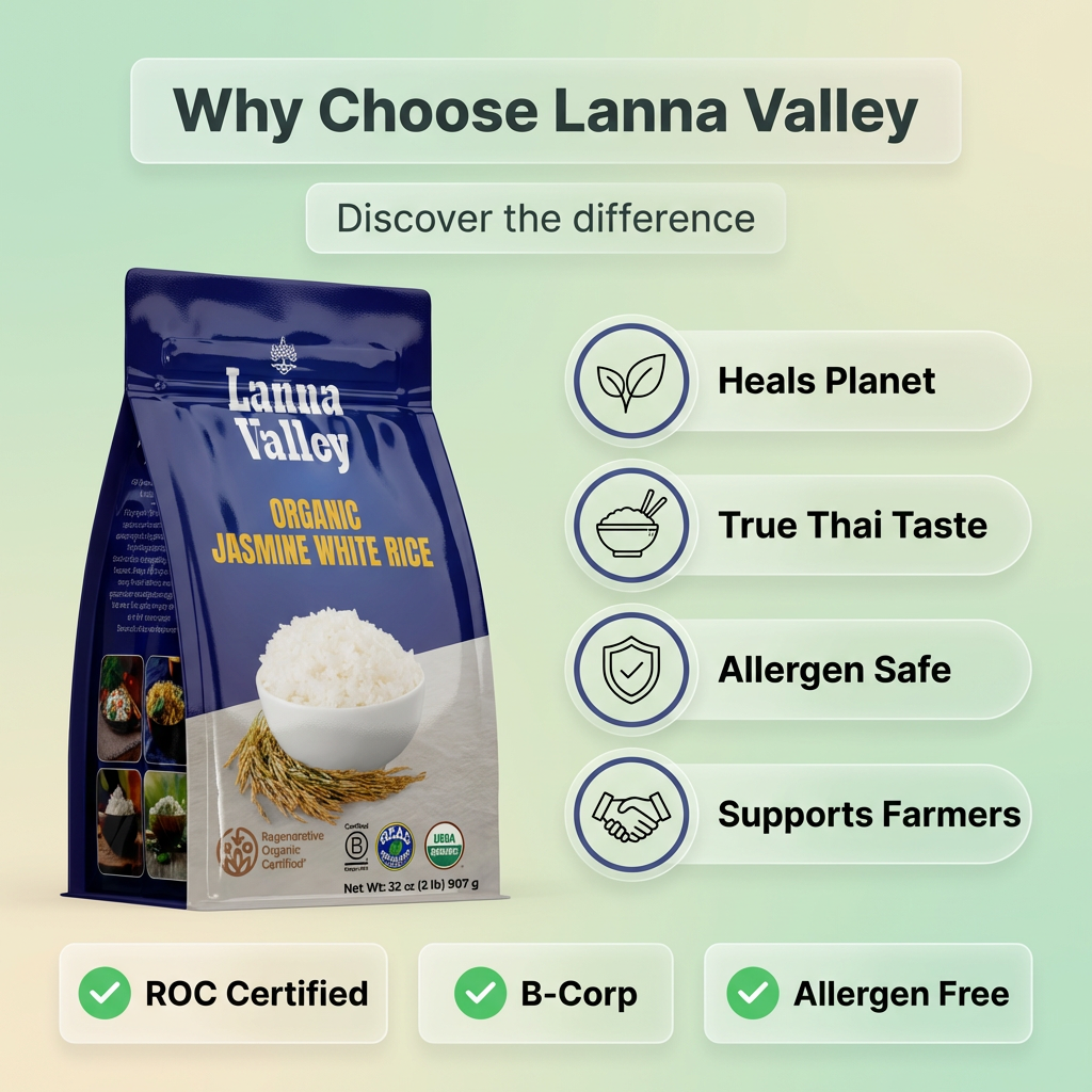 Lanna Valley Regenerative Organic Jasmine White Rice – Authentic Thai Hom Mali Rice – USDA Organic, ROC,B-Corp, Ecocert Certified – Grown in Northern Thailand – Allergen-Free Facility – 32 oz (2 lb)