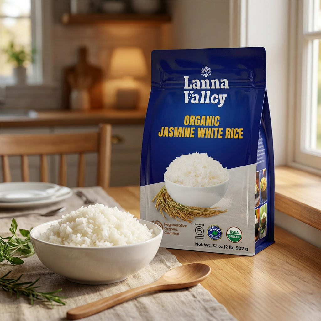 Lanna Valley Regenerative Organic Jasmine White Rice – Authentic Thai Hom Mali Rice – USDA Organic, ROC,B-Corp, Ecocert Certified – Grown in Northern Thailand – Allergen-Free Facility – 32 oz (2 lb)