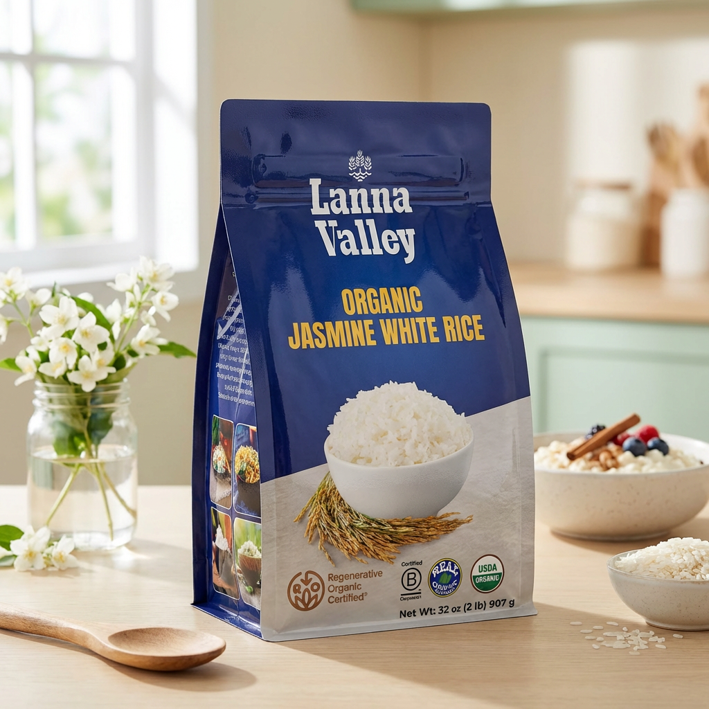 Lanna Valley Regenerative Organic Jasmine White Rice – Authentic Thai Hom Mali Rice – USDA Organic, ROC,B-Corp, Ecocert Certified – Grown in Northern Thailand – Allergen-Free Facility – 32 oz (2 lb)