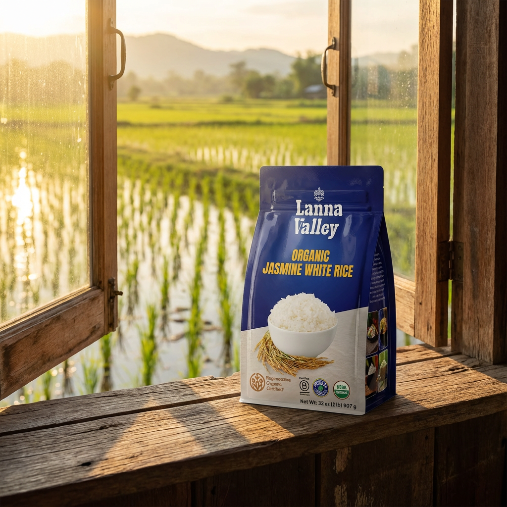 Lanna Valley Regenerative Organic Jasmine White Rice – Authentic Thai Hom Mali Rice – USDA Organic, ROC,B-Corp, Ecocert Certified – Grown in Northern Thailand – Allergen-Free Facility – 32 oz (2 lb)