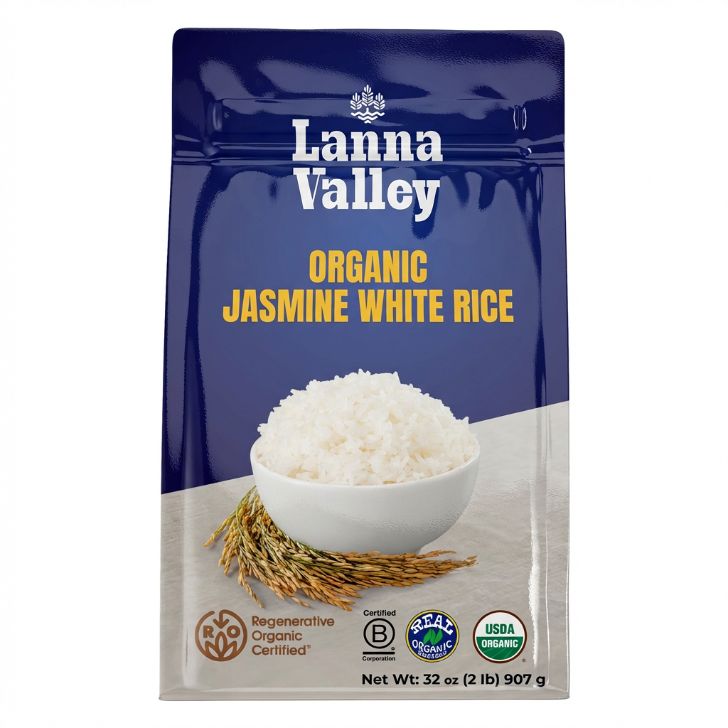 Lanna Valley Regenerative Organic Jasmine White Rice – Authentic Thai Hom Mali Rice – USDA Organic, ROC,B-Corp, Ecocert Certified – Grown in Northern Thailand – Allergen-Free Facility – 32 oz (2 lb)