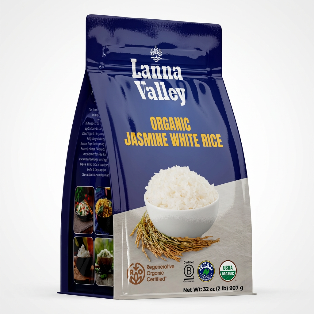 Lanna Valley Regenerative Organic Jasmine White Rice – Authentic Thai Hom Mali Rice – USDA Organic, ROC,B-Corp, Ecocert Certified – Grown in Northern Thailand – Allergen-Free Facility – 32 oz (2 lb)