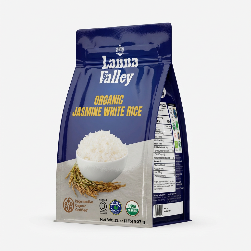 Lanna Valley Regenerative Organic Jasmine White Rice – Authentic Thai Hom Mali Rice – USDA Organic, ROC,B-Corp, Ecocert Certified – Grown in Northern Thailand – Allergen-Free Facility – 32 oz (2 lb)
